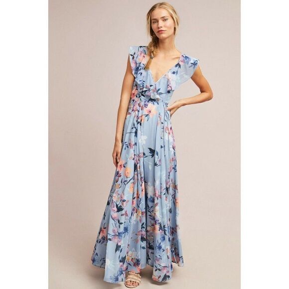ANTHROPOLOGIE YUMI KIM Sz XXS FLORAL HUDSON WRAP OPEN BACK FLUTTER MAXI DRESS - Picture 1 of 3